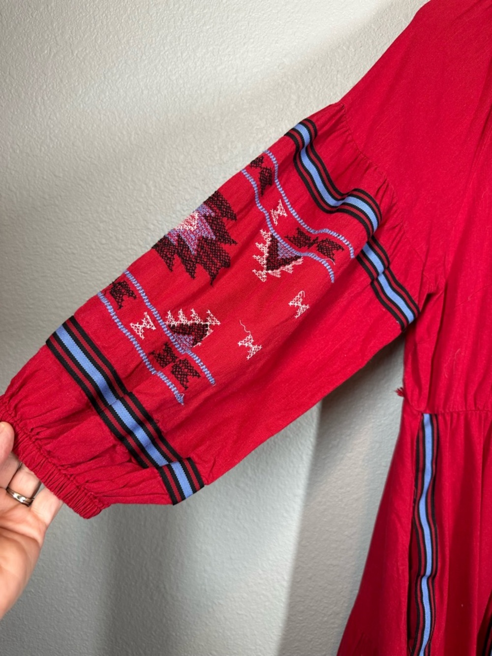 Eloquii Women's Plus Size 14 Red Maxi Dress with Blue Accent Trim & Embroidery - Picture 7 of 9